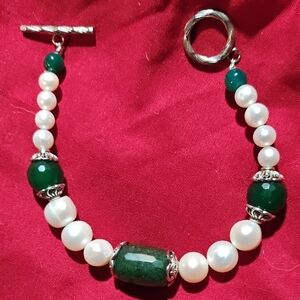 Elegant Pearl Emerald And Green Jade Bracelet